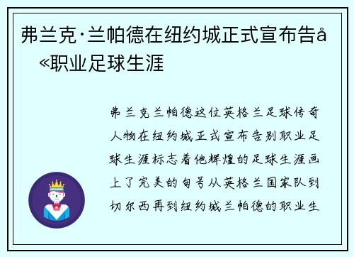 弗兰克·兰帕德在纽约城正式宣布告别职业足球生涯