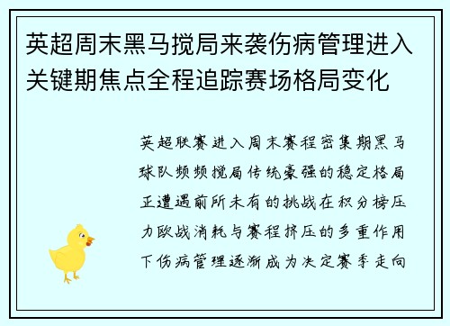 英超周末黑马搅局来袭伤病管理进入关键期焦点全程追踪赛场格局变化 英超周末黑马搅局来袭伤病管理进入关键期焦点全程追踪赛场格局变化